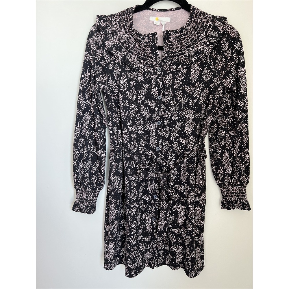 Boden Womens Smocked Detail Milkshake Leaf Sprig Dress Black Size 4P Long Sleeve